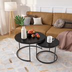 Nesting Coffee Table Set of 2, 27.6in Round Wood Marble Pattern Top with Sturdy Metal Frame, Black Living Room Side Tables for Bedroom Balcony Yard - Grand Goldman Shop