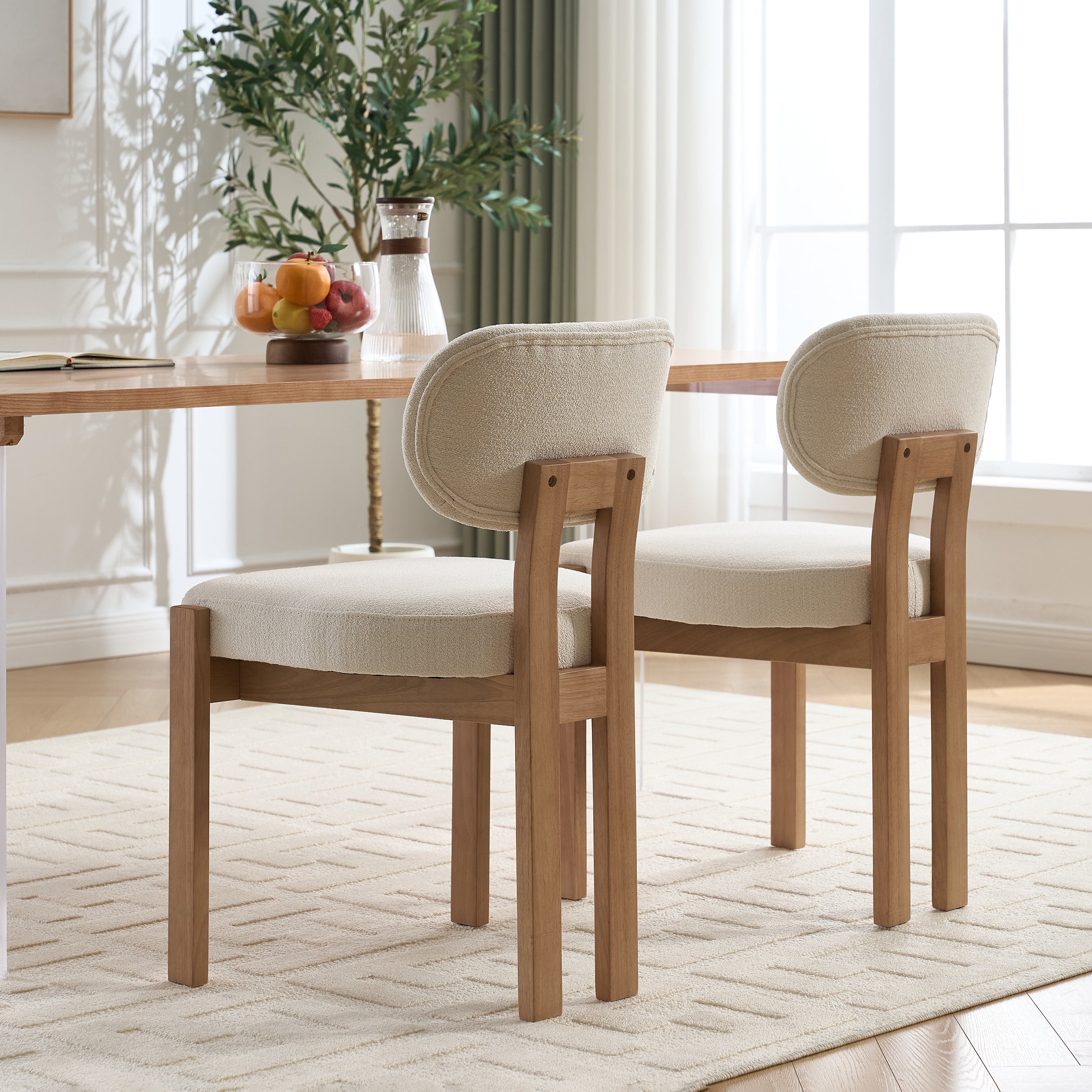 Modern Farmhouse Dining Chairs Set of 2 in Beige, Fabric Upholstered Wooden Kitchen Chairs with Ergonomic Backrest and Adjustable Feet, Rubber Wood Frame - Grand Goldman Shop