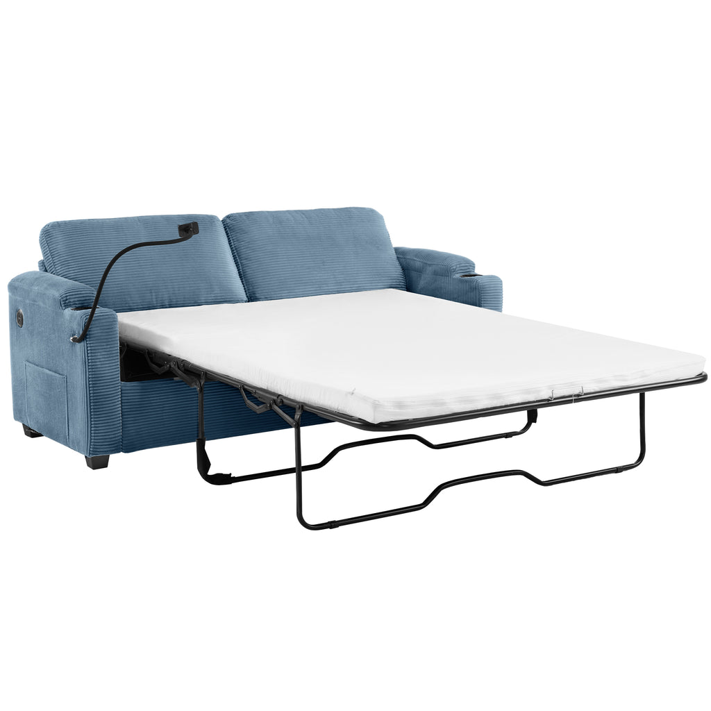 Navy Blue Corduroy Sleeper Sofa Loveseat with Full Size Mattress, USB Ports, Cup Holders, Side Pockets and Phone Holder - Grand Goldman Shop
