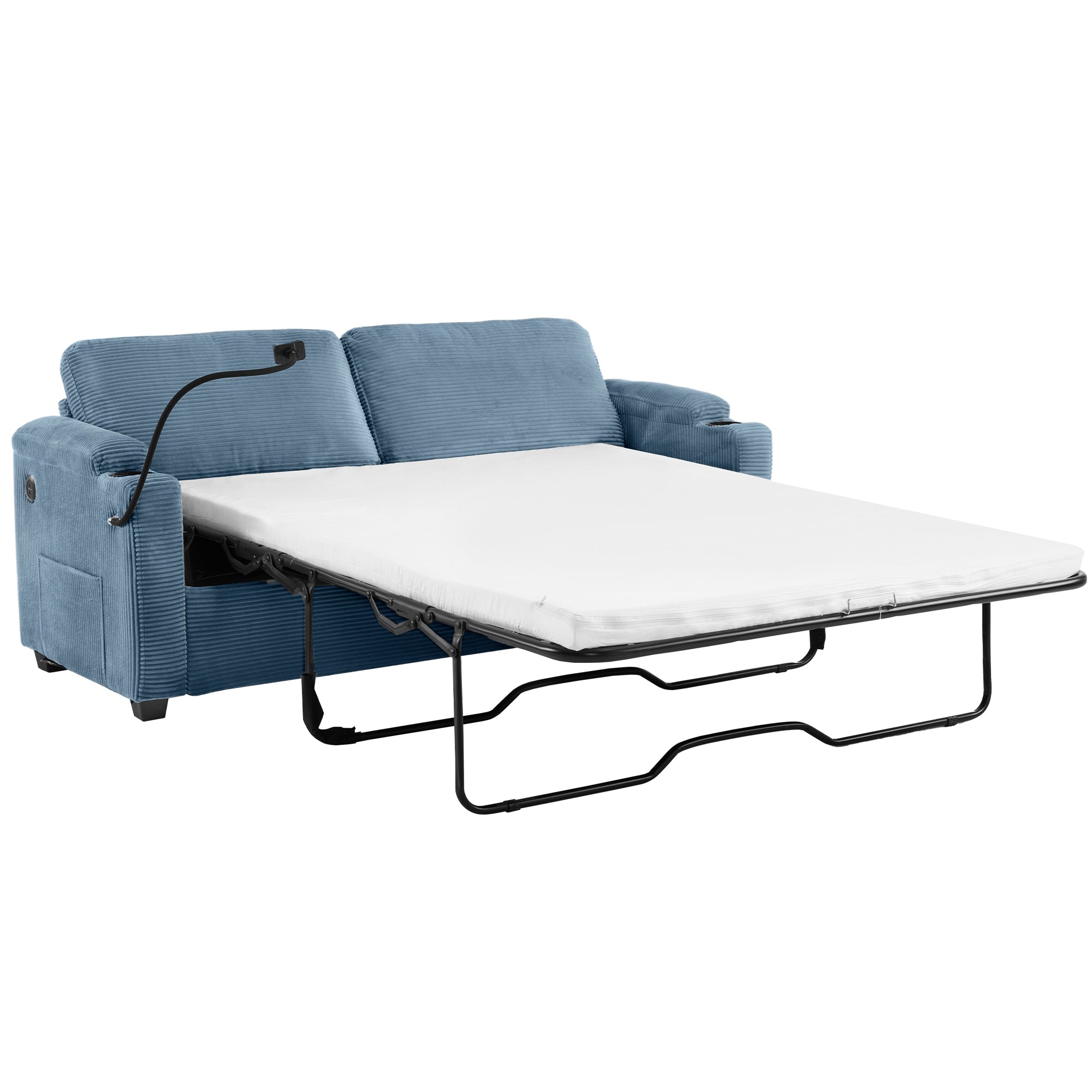 Navy Blue Corduroy Sleeper Sofa Loveseat with Full Size Mattress, USB Ports, Cup Holders, Side Pockets and Phone Holder - Grand Goldman Shop