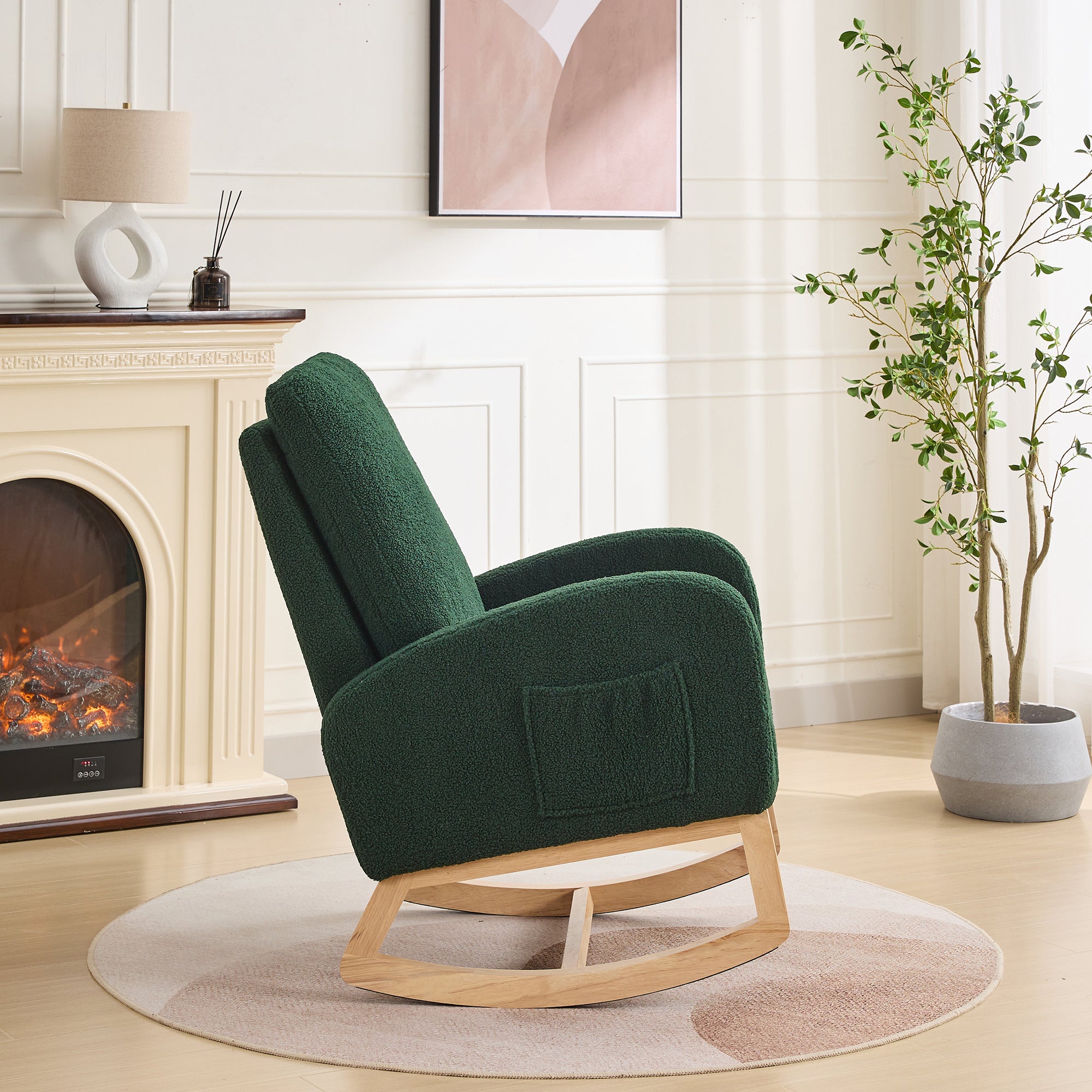 27.2'W Rocking Chair for Nursery, Sherpa Glider Chair with High Back and Side Pocket, Rocking Accent Armchair with Rubber Wood Legs for Living Room/Bedroom.Green - Grand Goldman Shop
