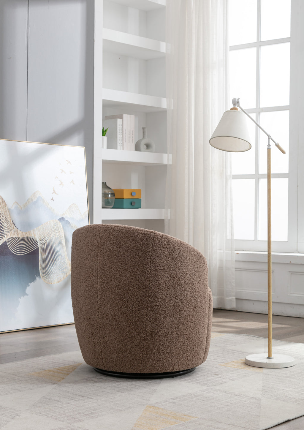 Teddy Fabric Swivel Accent Armchair Barrel Chair With Black Powder Coating Metal Ring,Coffee Brown - Grand Goldman Shop
