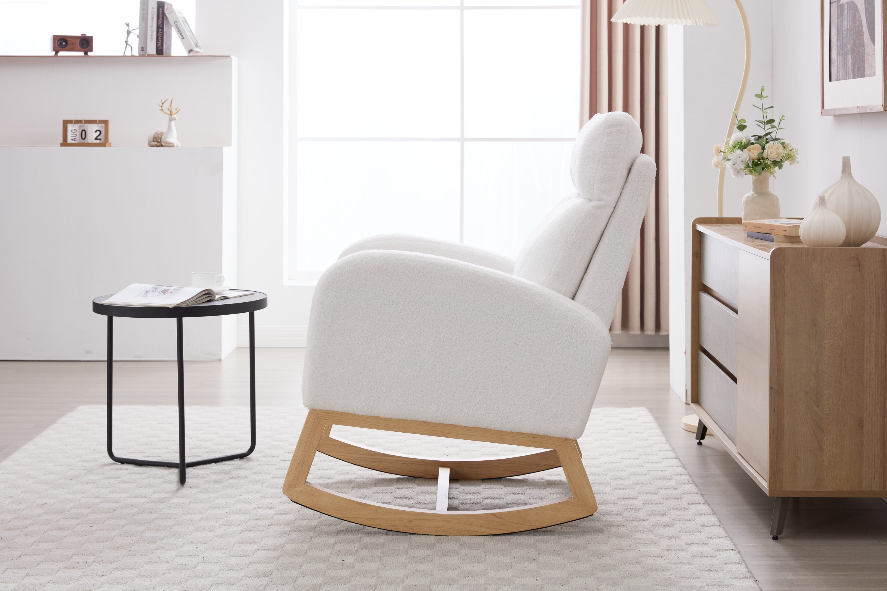 015B-Teddy Fabric Leisure Rocking Chair,Nursery Rocking Chair With Adjustable Footstool,Thickened Headrest And High Backrest, Storage Pocket On The Right Side,The Base Rocker Is Solid Wood,White - Grand Goldman Shop