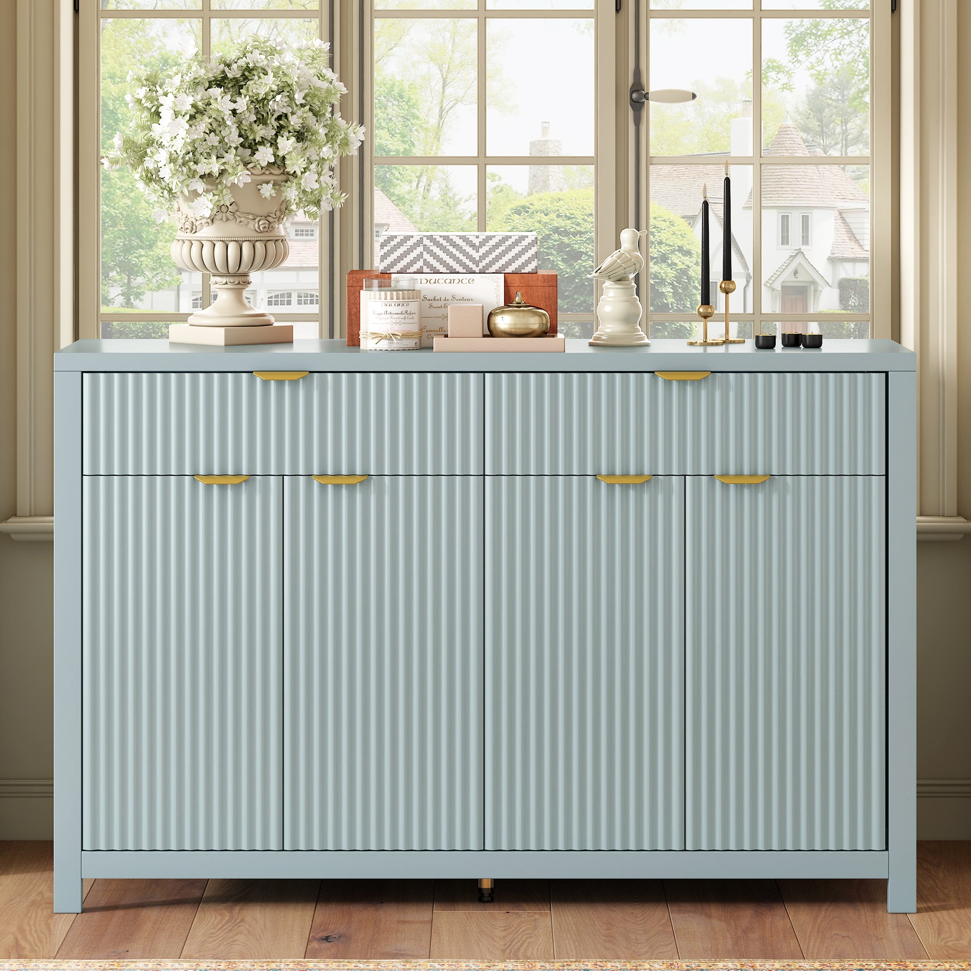 U_STYLE Modern 55.1'' Sideboard Buffet Cabinet with 2 Drawers & 4 Doors, Adjustable Shelves, Wave-Pattern Design, Aluminum Handles, Painted MDF, Scandinavian Storage for Dining Room, Living Room - Grand Goldman Shop