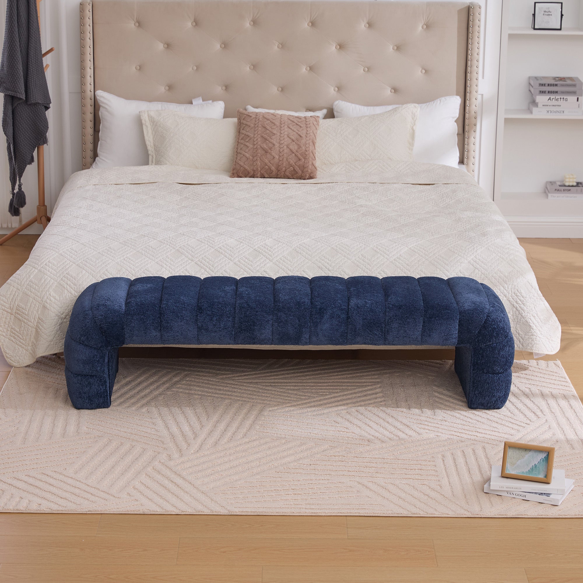 Modern Upholstered Armless Bed Bench, Channel Tufted Couch Daybed Chaise, Navy Chenille Ottoman Foot Stool, 69.7' Wide - Grand Goldman Shop