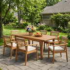 7-teiliges Outdoor-Esszimmer-Set aus Akazienholz mit Kissen, modern, 6 Stühle mit handgeflochtener Kordel und 1 großem Tisch, Essmöbel-Set für Rasen, Garten, Terrasse, Pool, Teakholz