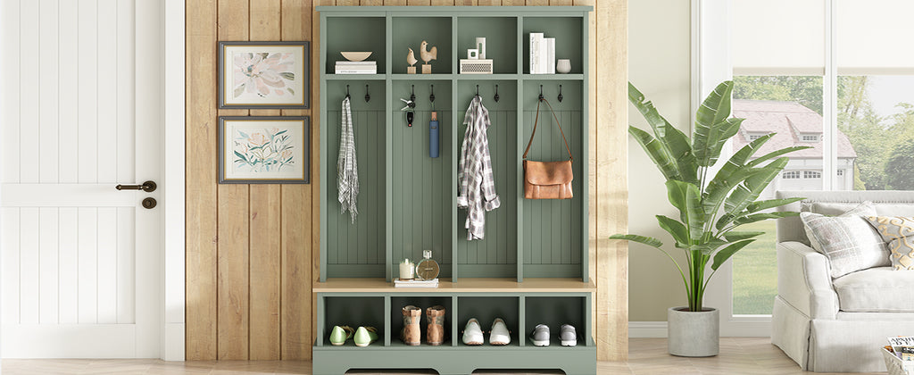 Farmhouse Hall Tree with 8 Hooks, Practical Entryway Bench with Open Compartments, 76.7'H Modern 3-in-1 Wooden Style Coat and Shoe Rack for Mudroom, Living Room, Mint Green (OLD SKU: N721P292601M) - Grand Goldman Shop