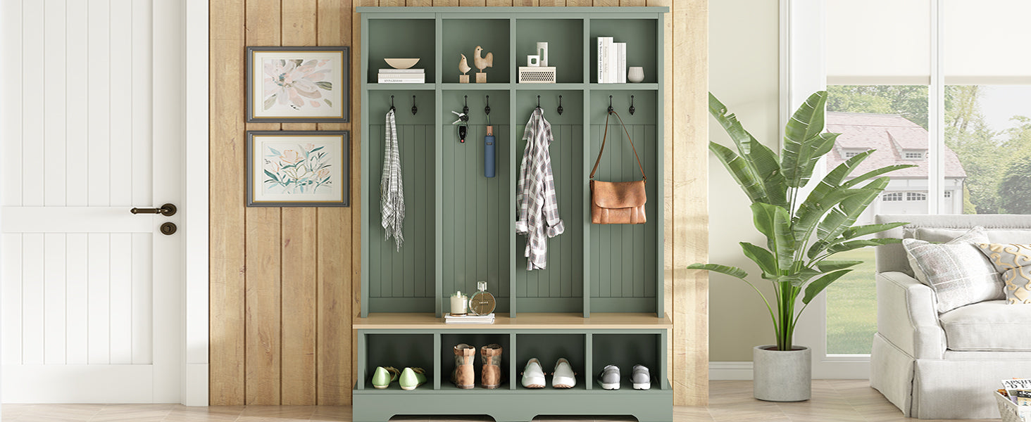 Farmhouse Hall Tree with 8 Hooks, Practical Entryway Bench with Open Compartments, 76.7'H Modern 3-in-1 Wooden Style Coat and Shoe Rack for Mudroom, Living Room, Mint Green (OLD SKU: N721P292601M) - Grand Goldman Shop