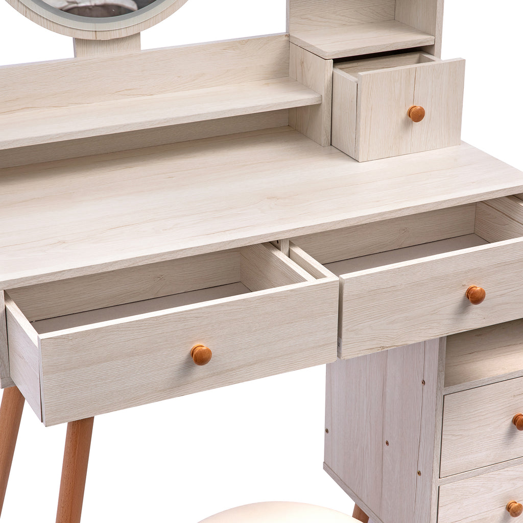 CRAZY ELF Stylish Vanity Table + Cushioned Stool, Touch Control LED Mirror, Large Capacity Storage Cabinet, 5 Drawers, Fashionable Makeup Furniture, Length Adjustable(L31.5'-43.2'x W15.8' x H48.1') - Grand Goldman Shop