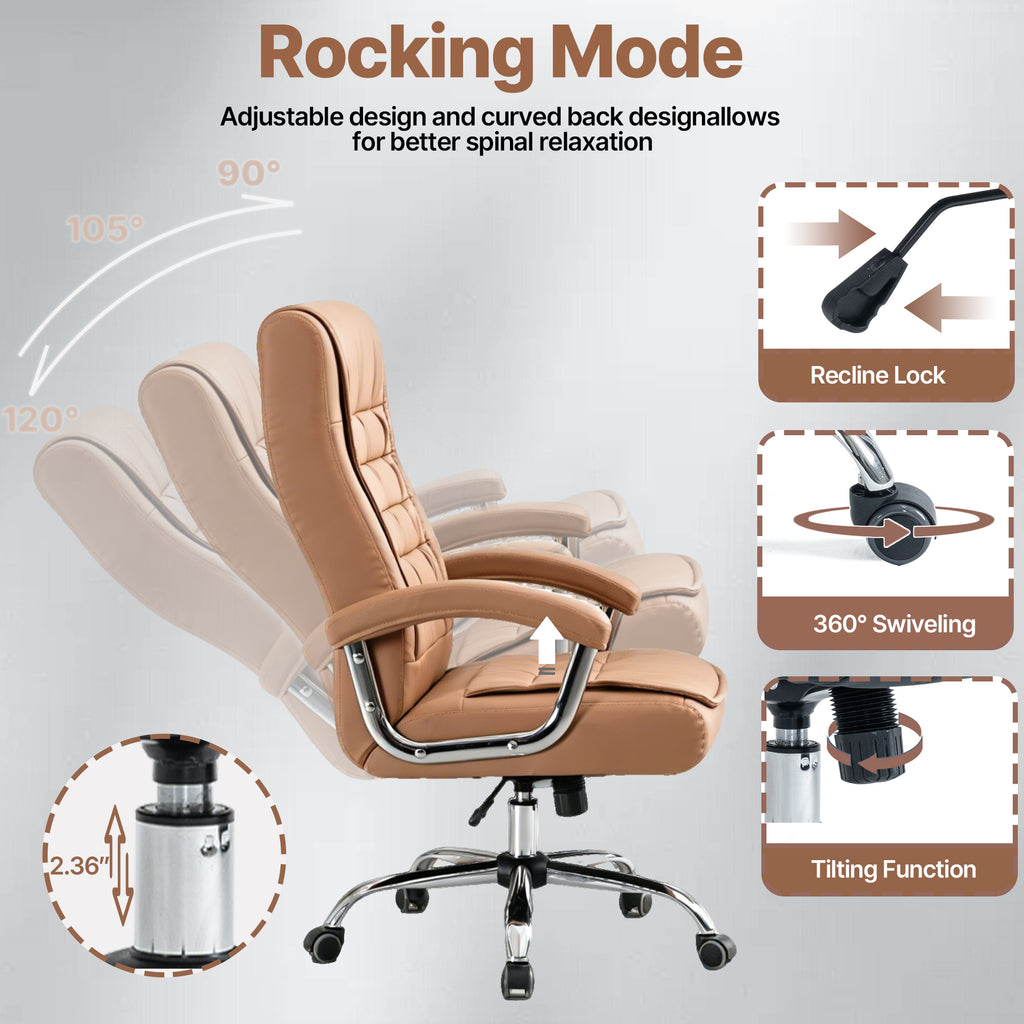 Executive Office Chair High Back PU Leather Desk Chair with Spring Seat Cushion, Ergonomic Swivel Computer Chair with Chrome 