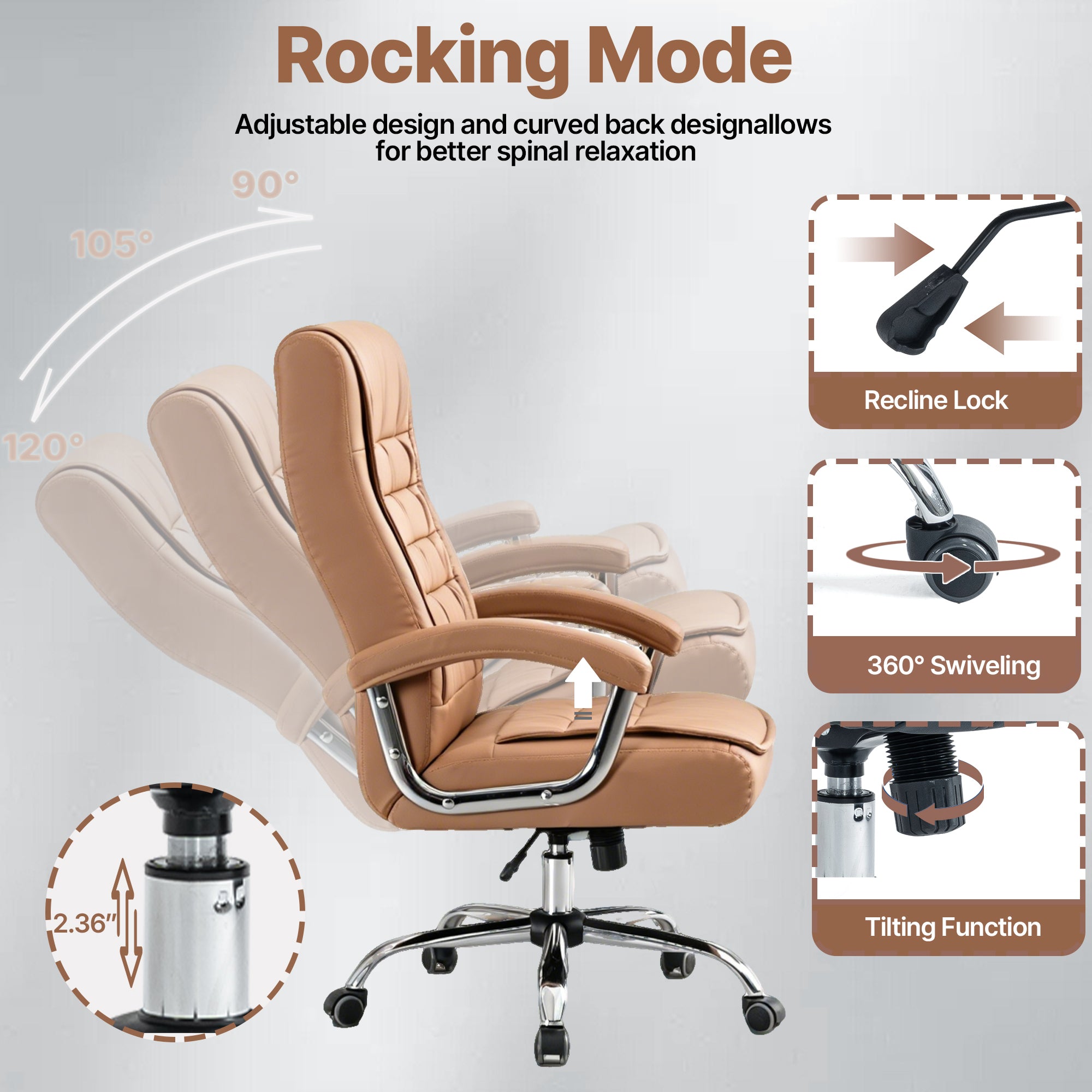 Executive Office Chair High Back PU Leather Desk Chair with Spring Seat Cushion, Ergonomic Swivel Computer Chair with Chrome 