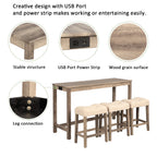 4-Piece Bar Table Set with Power Outlet, Dining Bar Table and Chairs Set, Bar Table Set with 3 Padded Stools for Living Room, Dining Room, Game Room, Brown - Grand Goldman Shop