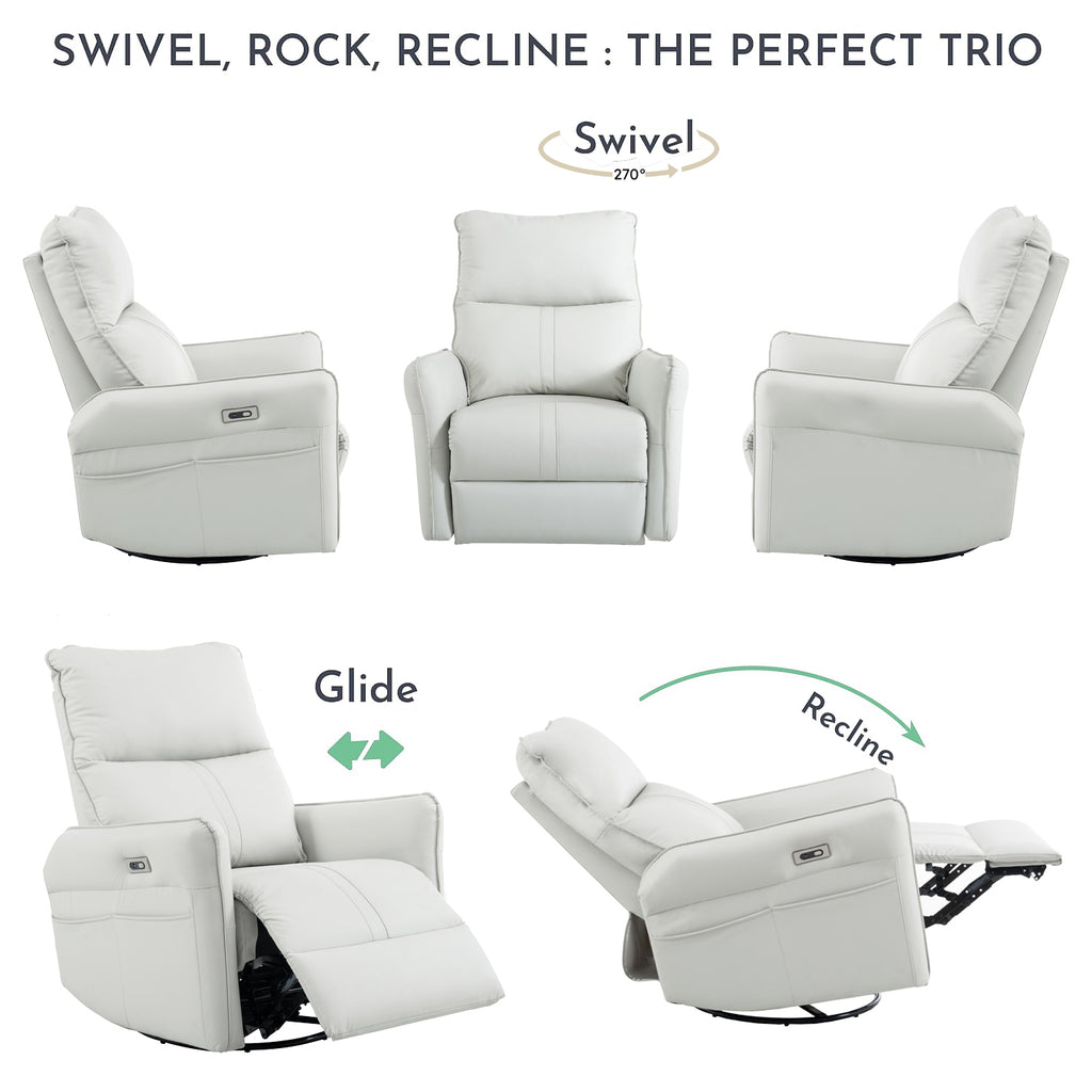 270° Power Swivel Rocker Recliner Chair, PU Leather Electric Glider Reclining Sofa with USB Ports, Power Swivel Glider, Rocking Chair,Nursery Recliners for Living Room Bedroom(Light Gray+270°Swivel) - Grand Goldman Shop