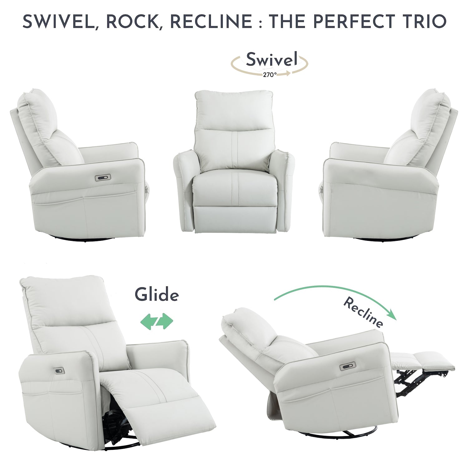 270° Power Swivel Rocker Recliner Chair, PU Leather Electric Glider Reclining Sofa with USB Ports, Power Swivel Glider, Rocking Chair,Nursery Recliners for Living Room Bedroom(Light Gray+270°Swivel) - Grand Goldman Shop