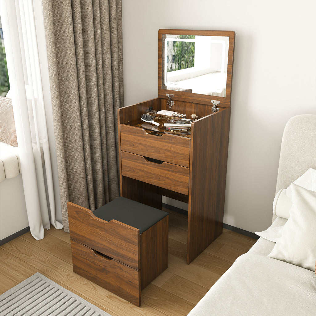 3-in-1 Vanity Desk with Lighted Mirror & Stool, Flip Top Makeup Dressing Table in Walnut Finish, Compact Storage for Bedroom or Bathroom - Grand Goldman Shop