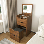3-in-1 Vanity Desk with Lighted Mirror & Stool, Flip Top Makeup Dressing Table in Walnut Finish, Compact Storage for Bedroom or Bathroom - Grand Goldman Shop