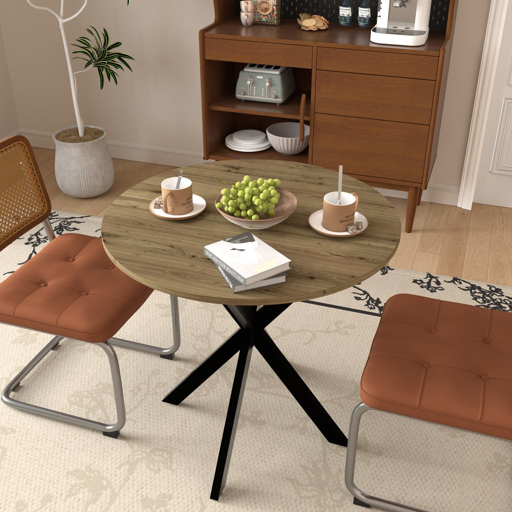 Modern 31.5 Inch Round Dining Table in Rustic Brown with Black Metal Legs, MDF Top for 2-4 People, Compact Kitchen or Dining Room Table - Grand Goldman Shop
