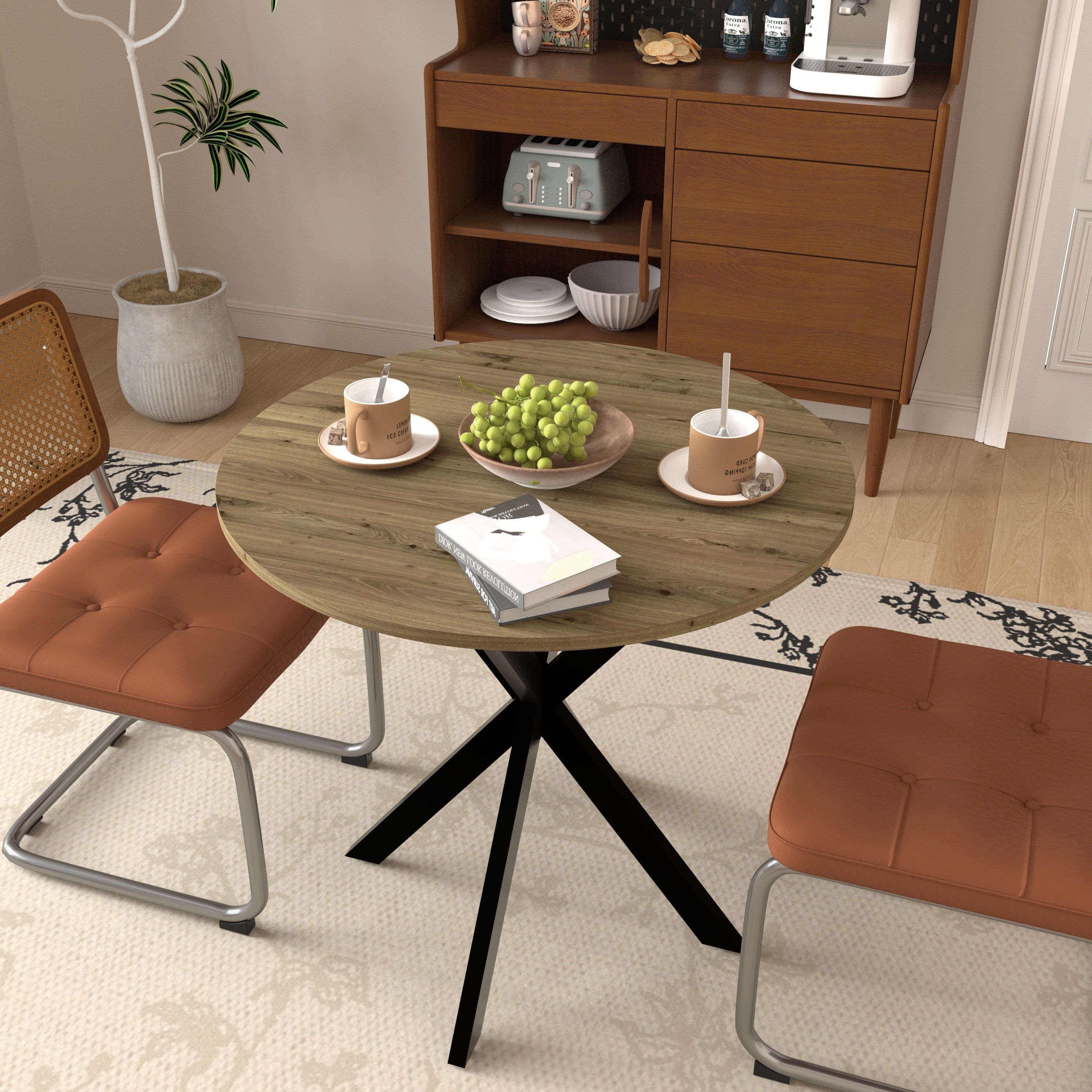 Modern 31.5 Inch Round Dining Table in Rustic Brown with Black Metal Legs, MDF Top for 2-4 People, Compact Kitchen or Dining Room Table - Grand Goldman Shop
