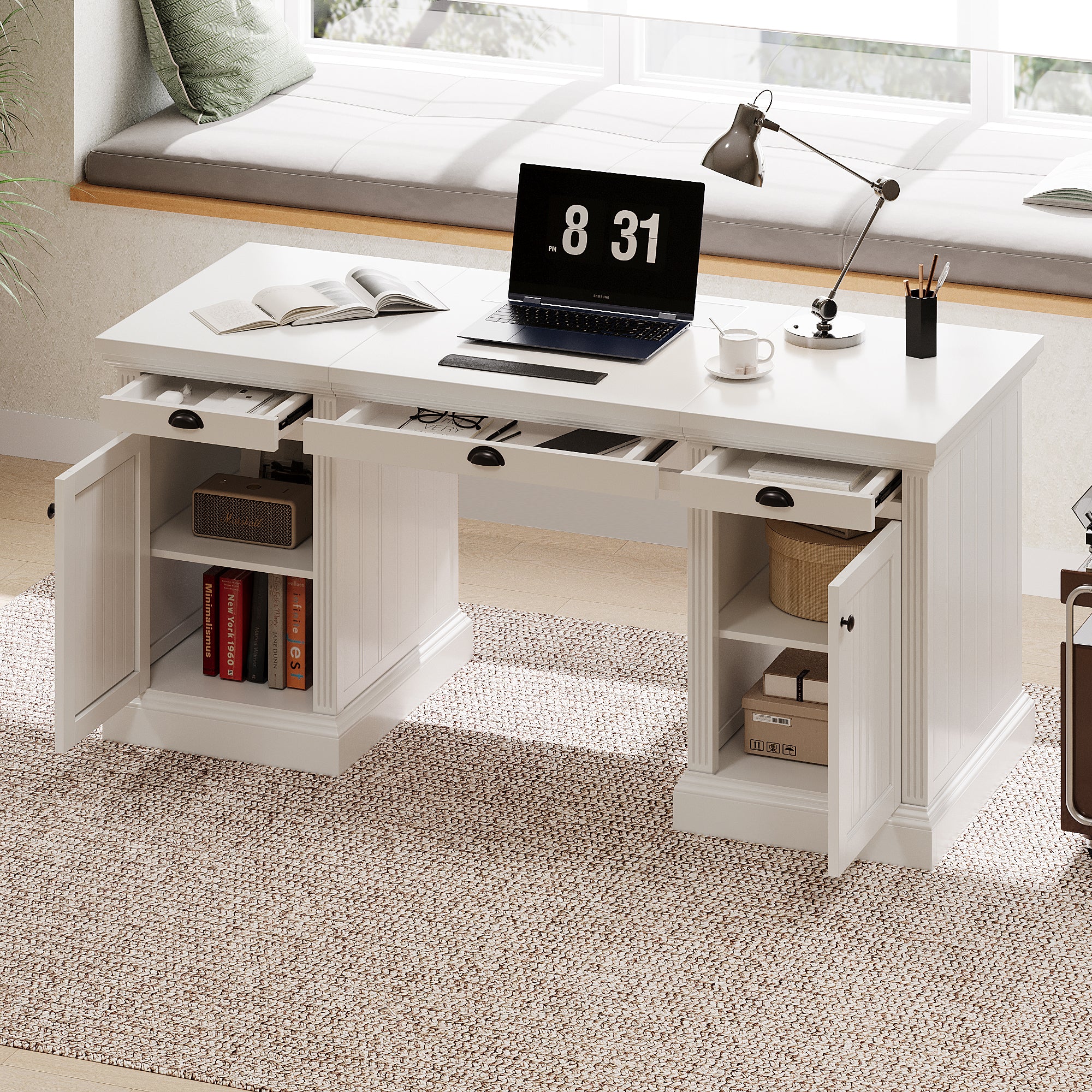 67' Modern Executive Desk,Computer Desk with 2 Wooden Doors Storage Cabinet and 3 Drawers, Rectangle Home Office Desk  ,Readi