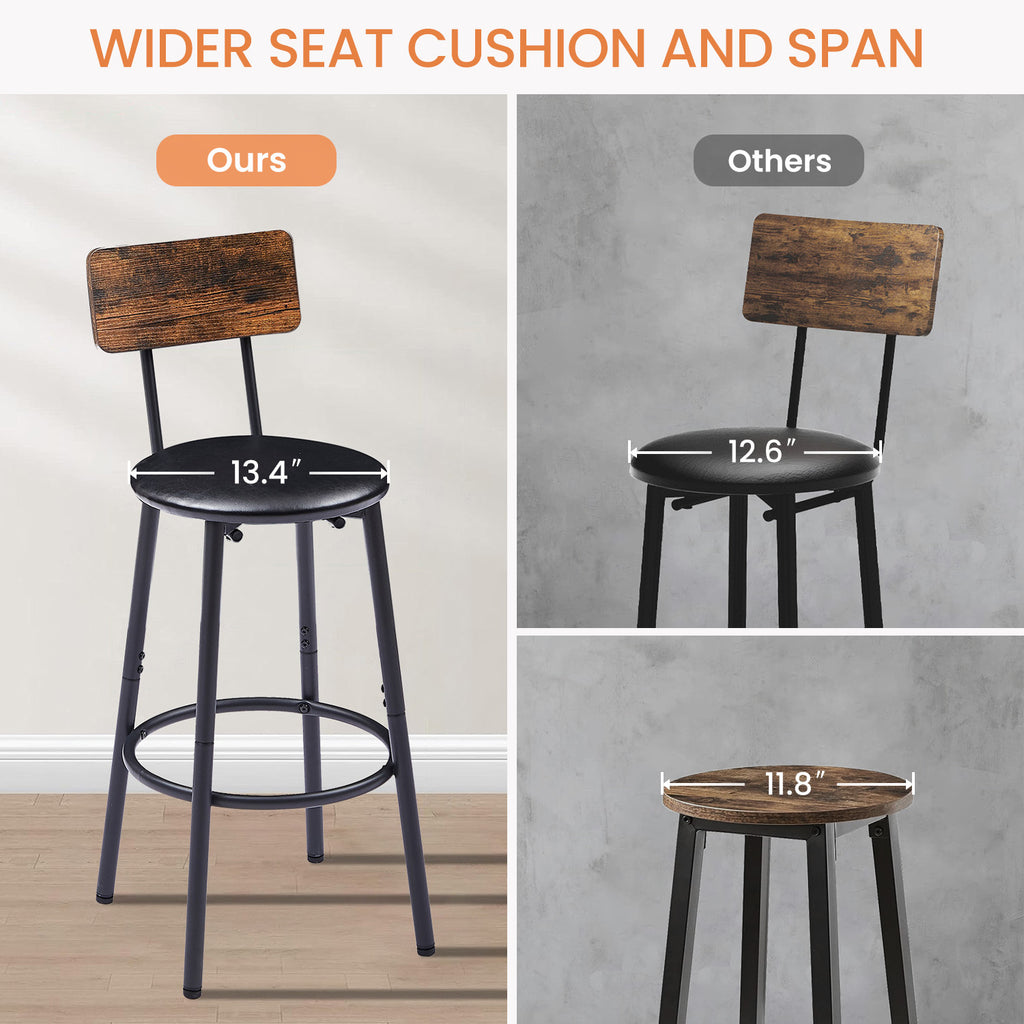 Round bar stool set with shelf, upholstered stool with backrest, Rustic Brown, 23.62'' W x 23.62'' D x 35.43'' H - Grand Goldman Shop