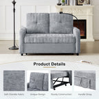 Modern Loveseat Pull-out Sofa Bed with Adjustable Backrest, Cup Holders, Phone Holder, Charging Ports, Side Storage Pockets, Grey Chenille - Grand Goldman Shop