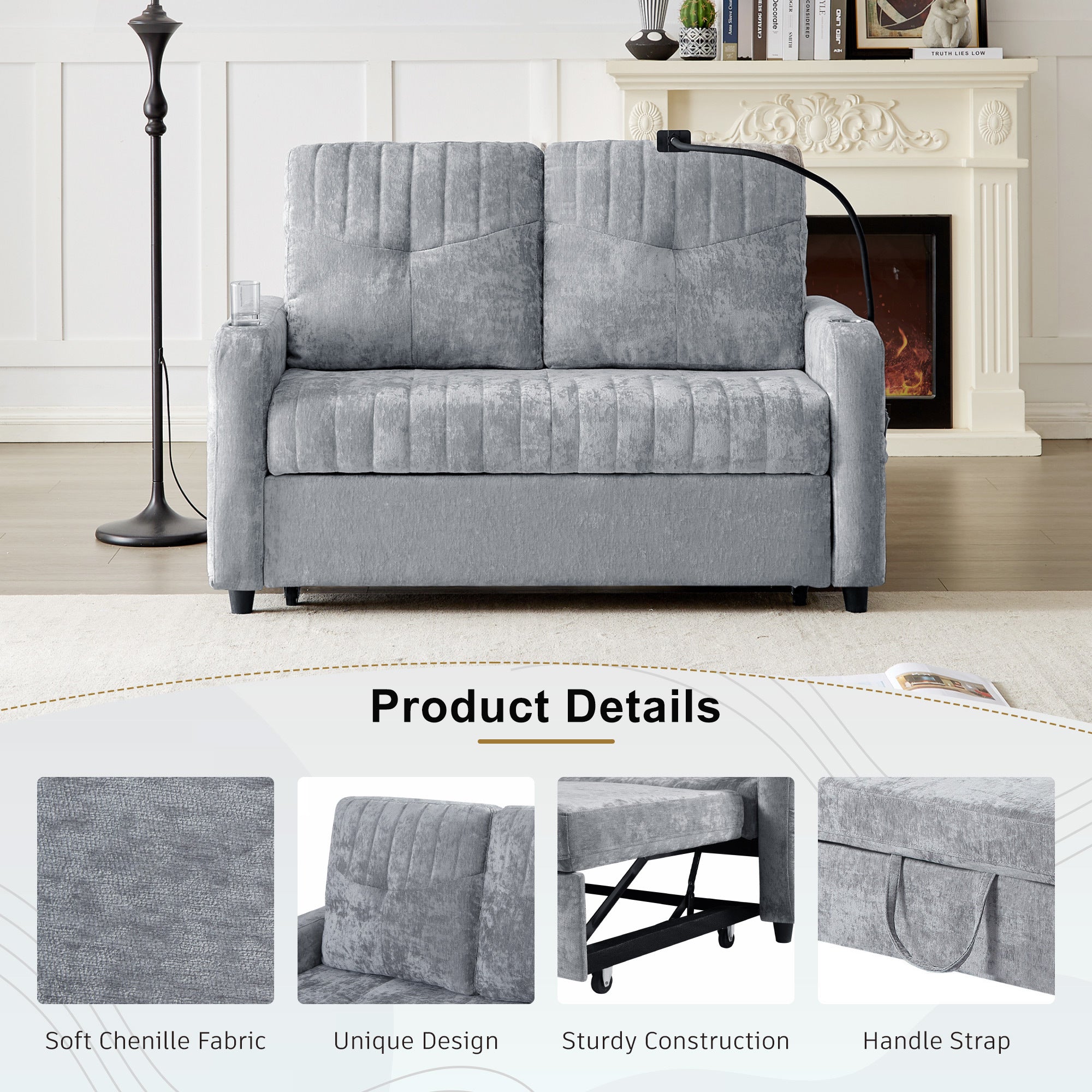 Modern Loveseat Pull-out Sofa Bed with Adjustable Backrest, Cup Holders, Phone Holder, Charging Ports, Side Storage Pockets, Grey Chenille - Grand Goldman Shop