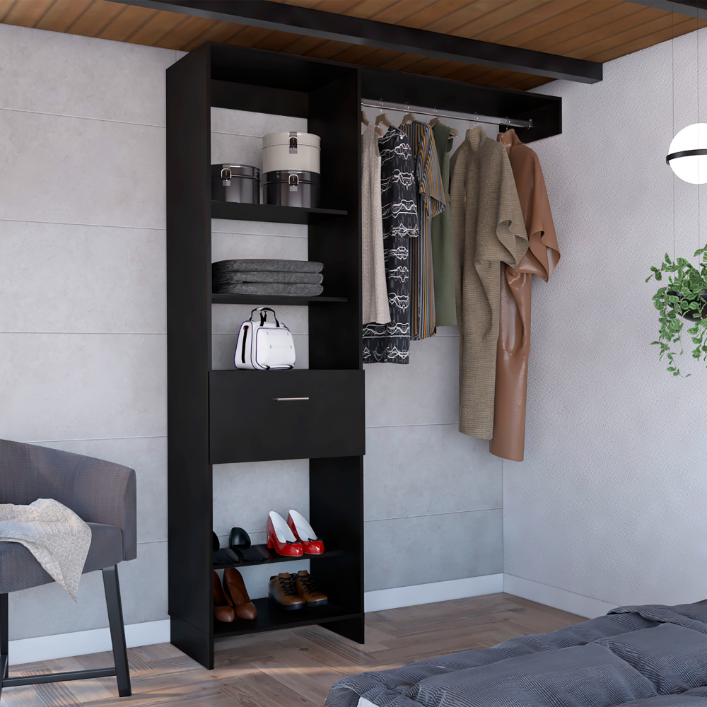 Manchester 150 Closet System, Metal Rod, Five Open Shelves, One Drawer -Black - Grand Goldman Shop