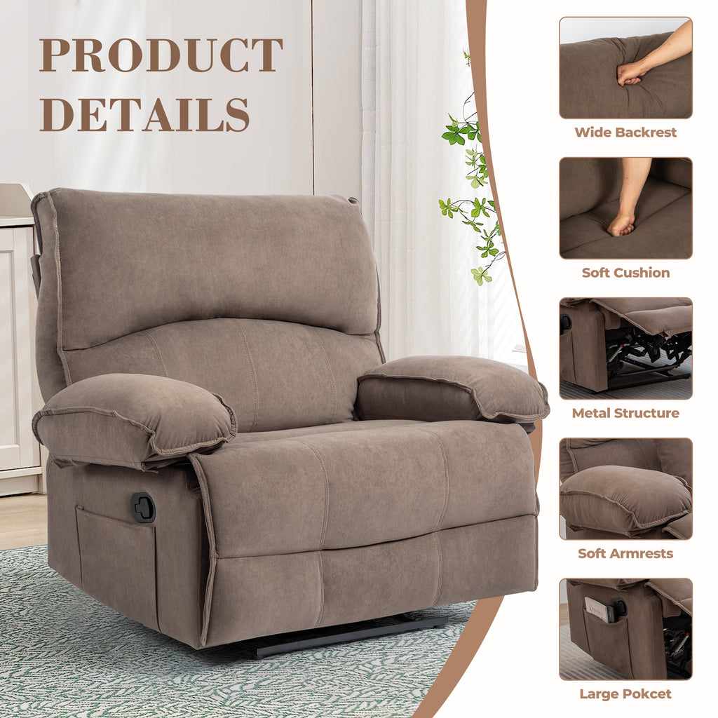 Oversized Velvet Recliner Chair Sofa with Manual Push-Back Functionality in Brown - Grand Goldman Shop