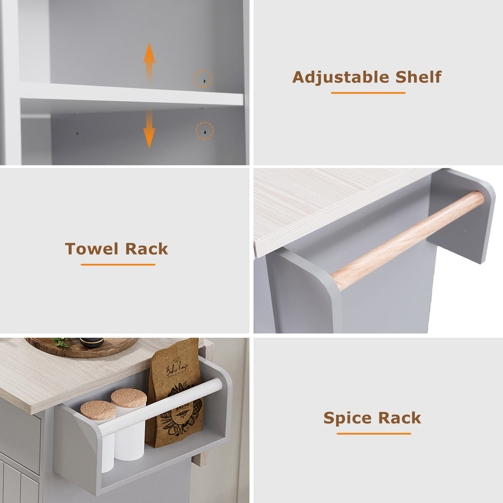 K&K Kitchen Island with Trash Can Storage Cabinet, Kitchen Cart with Drop Leaf, Spice Rack, Towel Rack and Drawer, Rolling Kitchen Island on Wheels with Adjustable Shelf, Grey - Grand Goldman Shop