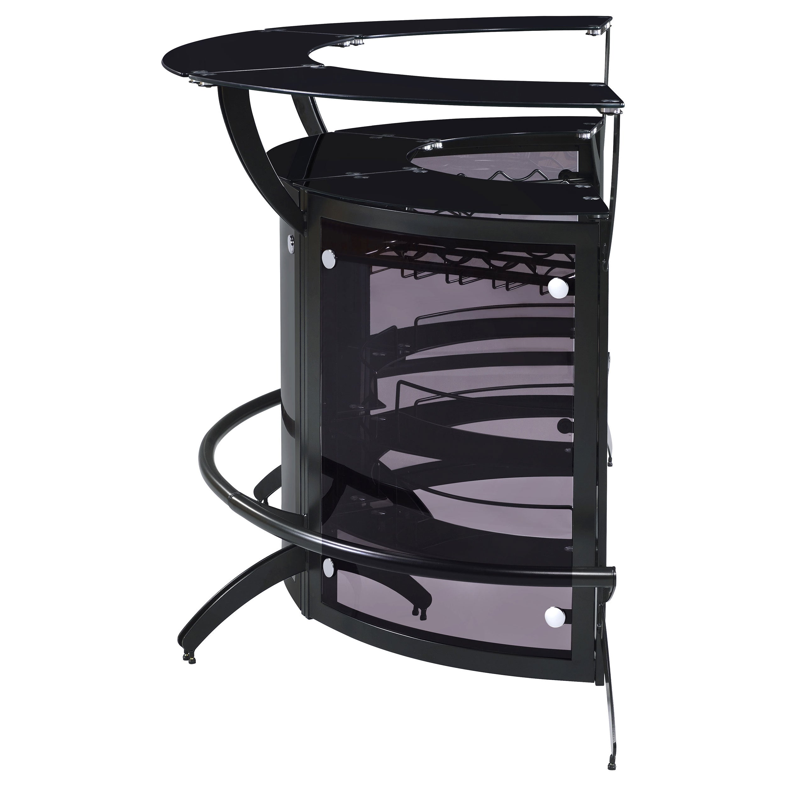 Elaina Black 3-Piece Curved Freestanding Home Bar with Smoked Acrylic Panels and Silver Metal Frame, Black Finish, Glass and Metal Construction - Grand Goldman Shop