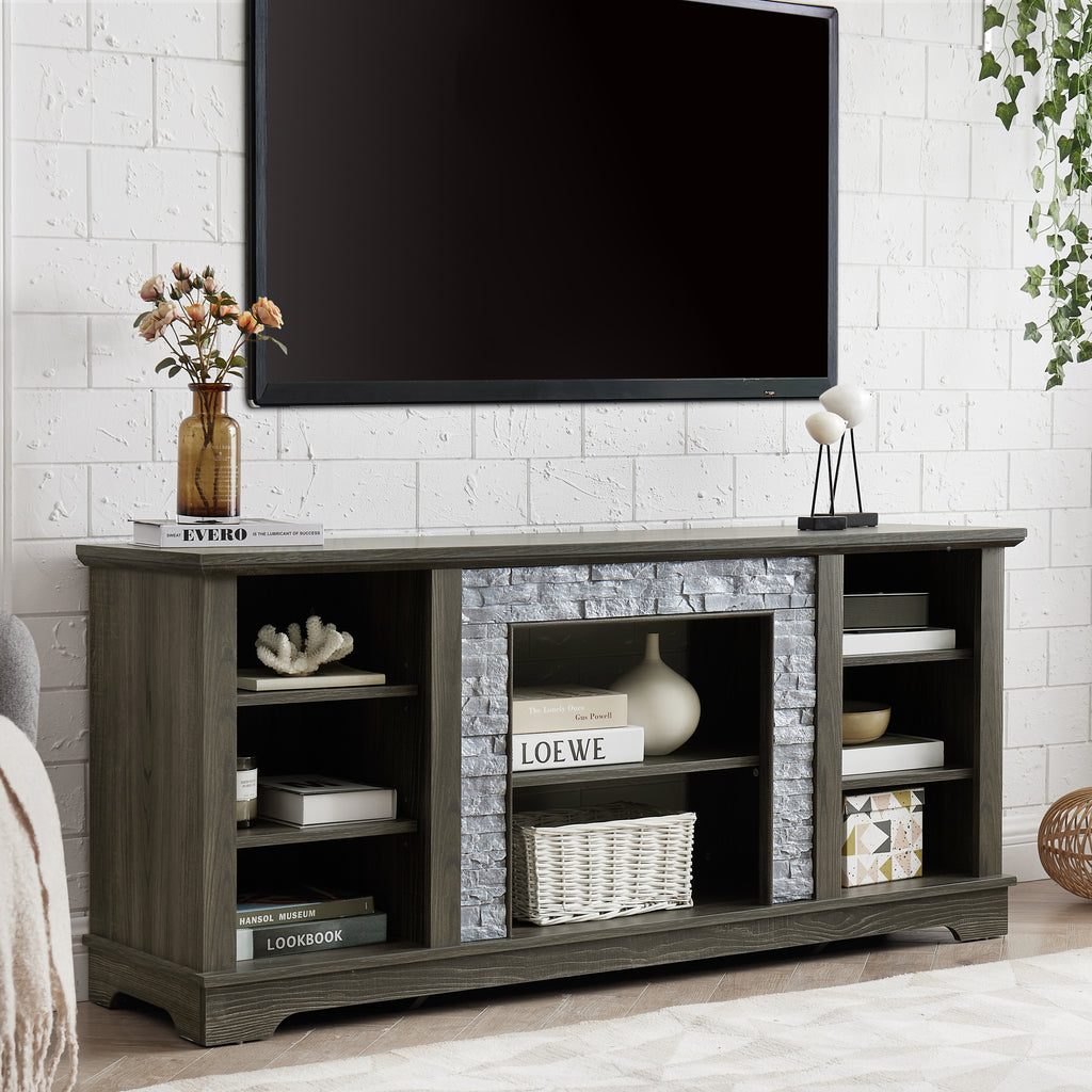 Mantel Stone TV Media Stand with with Faux Stacked Stone Surround, Modern Entertainment Console with Open Storage Space,Grey, 58.31'W*15.39'D*26.06'H - Grand Goldman Shop
