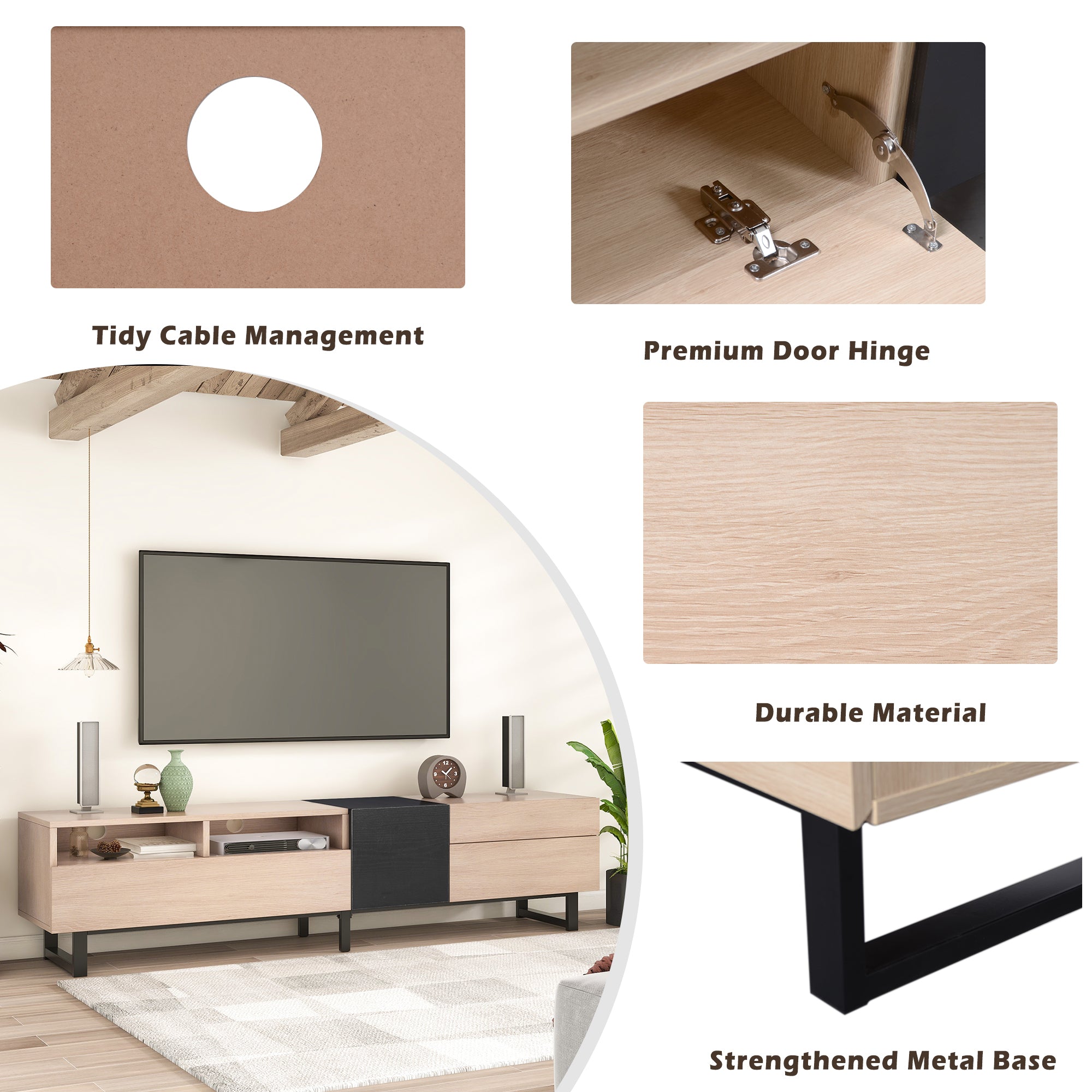 Modern TV Stand for 80'' TV with Double Storage Space, Media Console Table in Natural Wood Finish, Particle Board Construction, 70.9'' L x 15'' W x 19.7'' H - Grand Goldman Shop