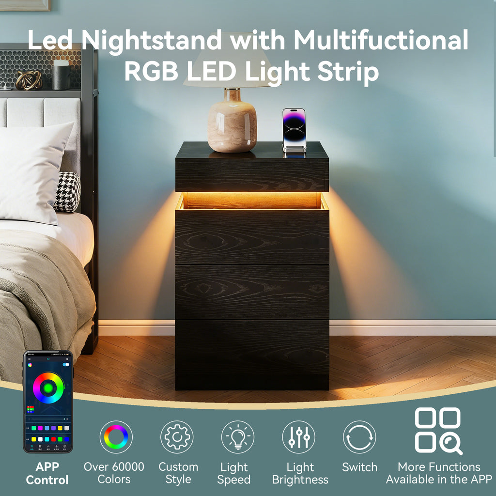 Nightstand with Built-In Charging Station and LED Lighting, 3-Drawer Sliding-Top Modern Bedside Table, Black Wooden End Table - Grand Goldman Shop
