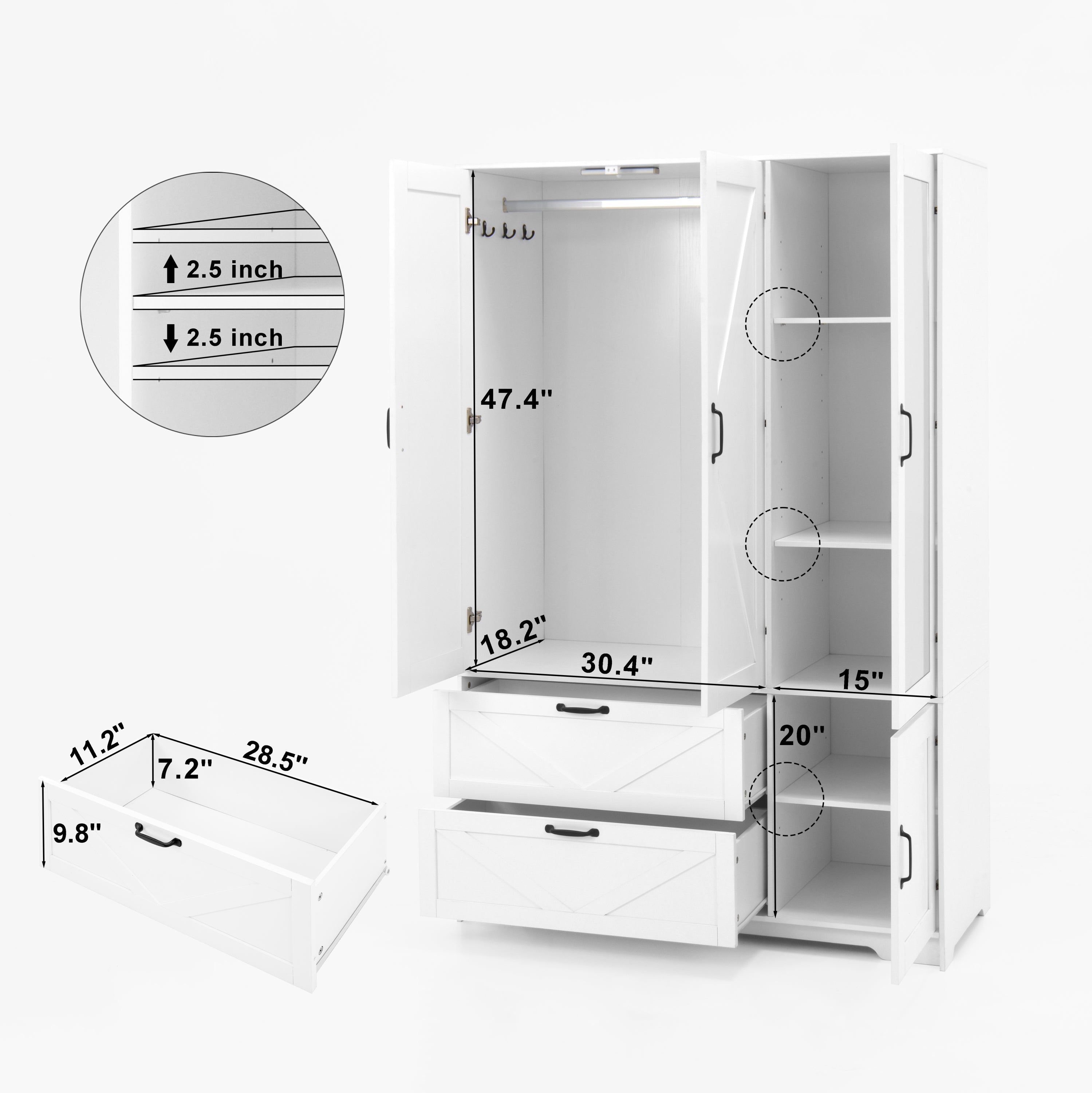 4 Doors Wardrobe Closet with Mirror, LED Wardrobe with Doors and 2 Drawers, Wooden Wardrobe Storage Cabinet with Hanging Rod, Adjustable Shelves, White - Grand Goldman Shop