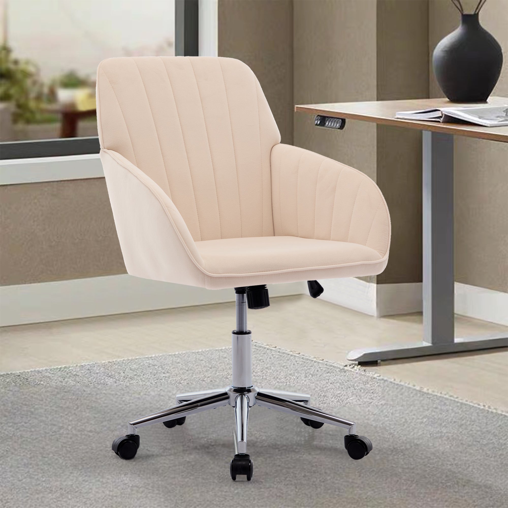 TY Ergonomic Office Chair with Adjustable Backrest and Armrests, Khaki Velvet Comfort Chair for Home or Bedroom, 24.6 x 22.8 