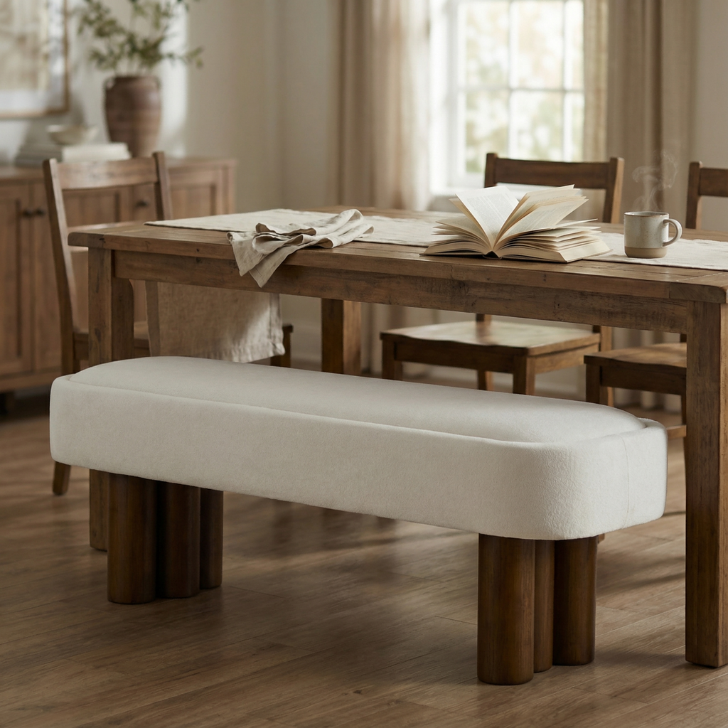 Indoor Beige Fabric Dining Bench with Walnut Color Legs, 51.57'L Upholstered Seating for Kitchen, Dining Room and Living Space,250lbs Capacity - Grand Goldman Shop