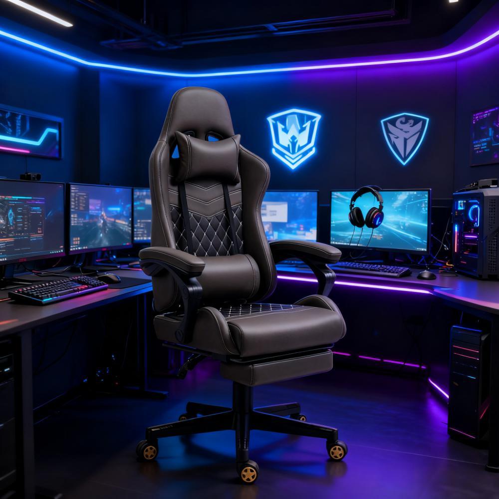 PU Leather Office Gamer Chair High Back Swivel Recliner with Footrest,Lumbar Support,Adjustable Height - Grand Goldman
