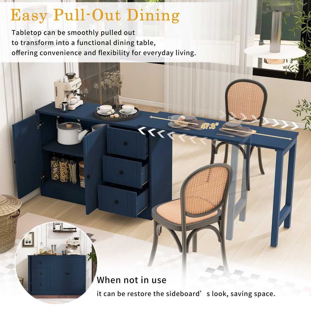 U_STYLE 89.7''Wooden Sideboard with Extendable Table,Multifunctional Storage Cabinet with 2 Doors and 3 Drawers,for Living Room,Study,Foyer and Kitchen - Grand Goldman Shop