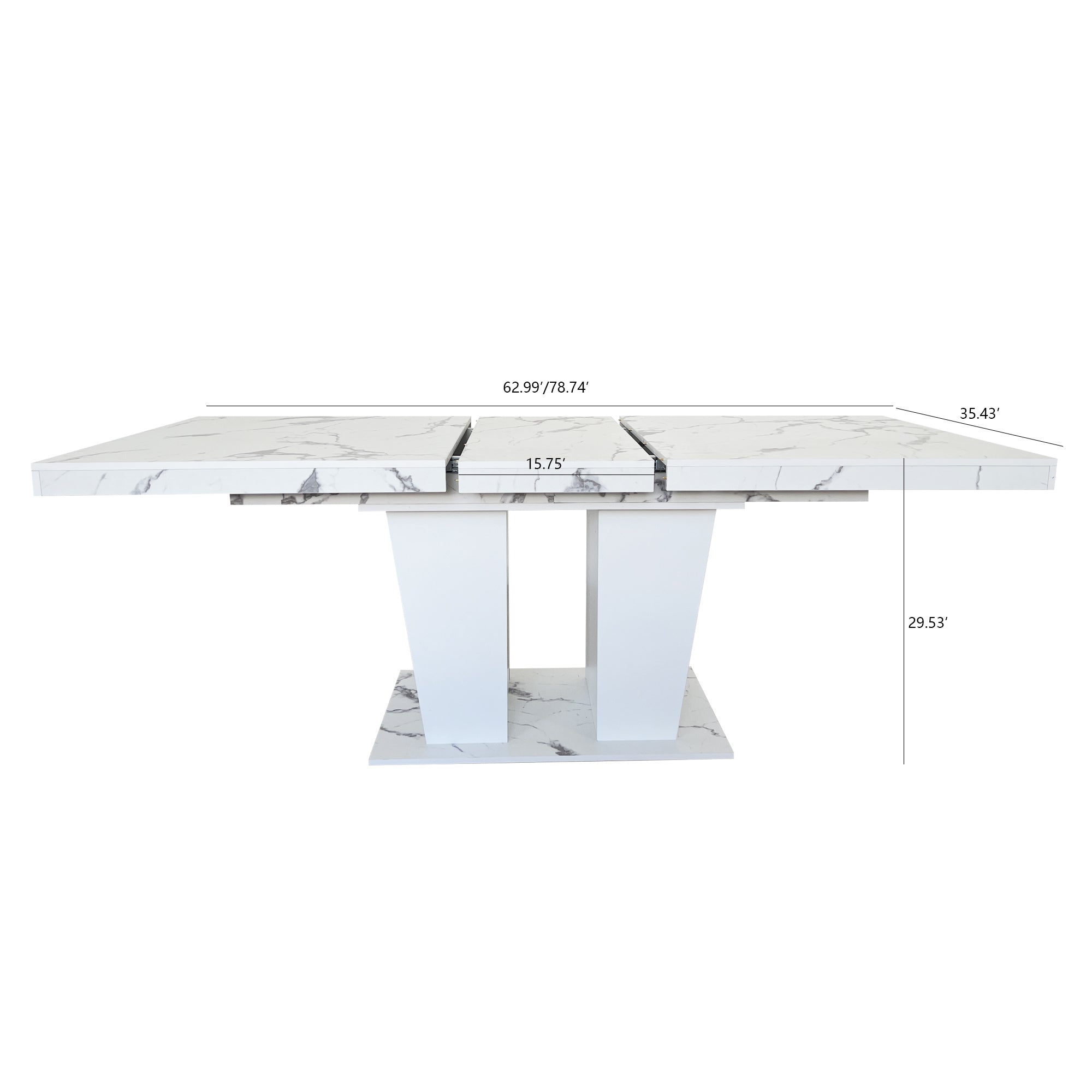 Extendable Dining Room Table for 6-10 Modern White Faux Marble Wooden Expandable Kitchen Table w/Dual Column Pedestal Base, Large Rectangle Dining Table - Grand Goldman Shop