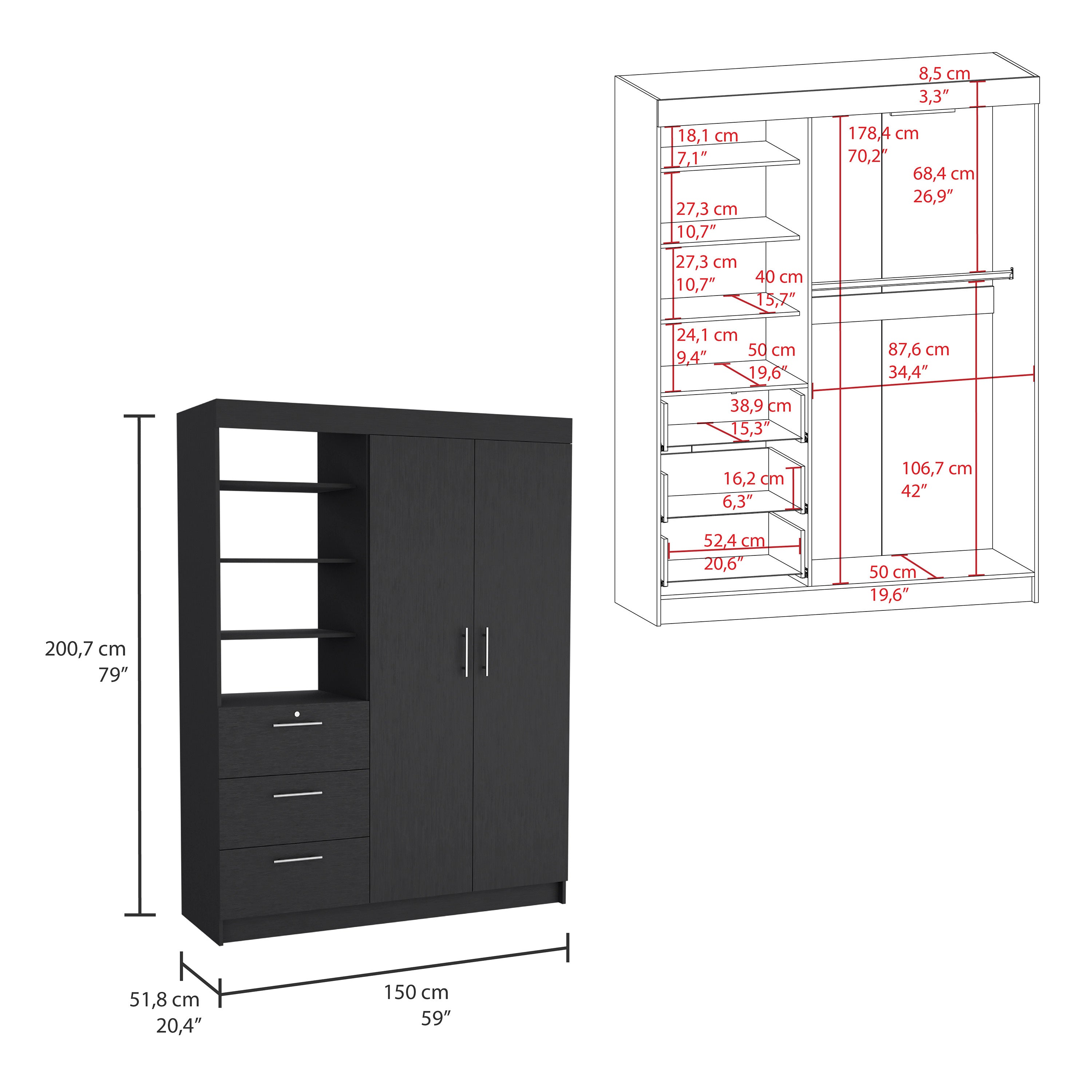 Peyton 2 Piece Bedroom Set, Armoire + Nightstand, Black - Grand Goldman Shop