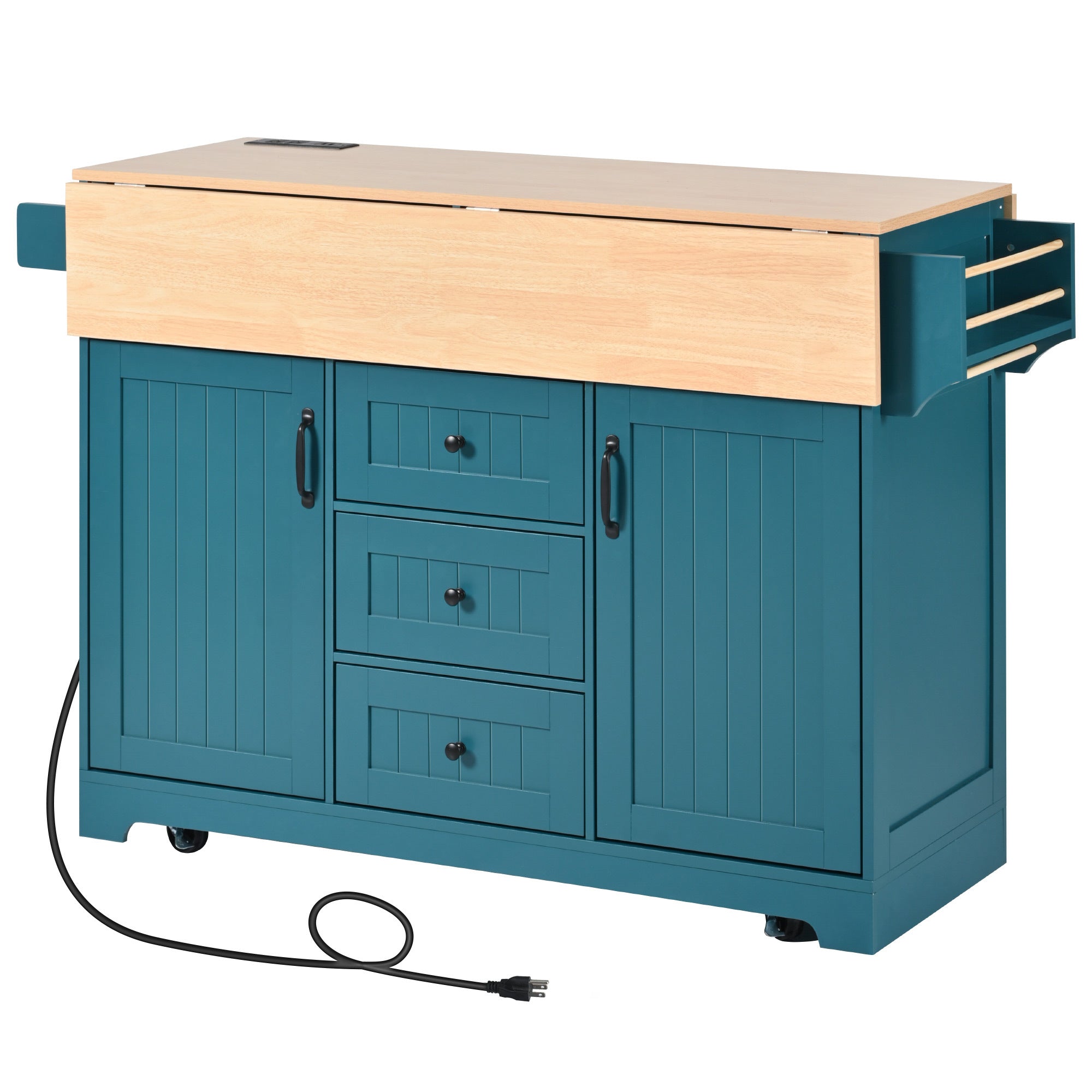 K&K 55.7'' Large Kitchen Island with 2 Drop Leaf,, Rolling Kitchen Cart on 5 Wheels with Power Outlet, Folding Storage Dining Table with Spice & Towel Rack , 3 Drawers, for Kitchen, Dining Room,Green - Grand Goldman Shop