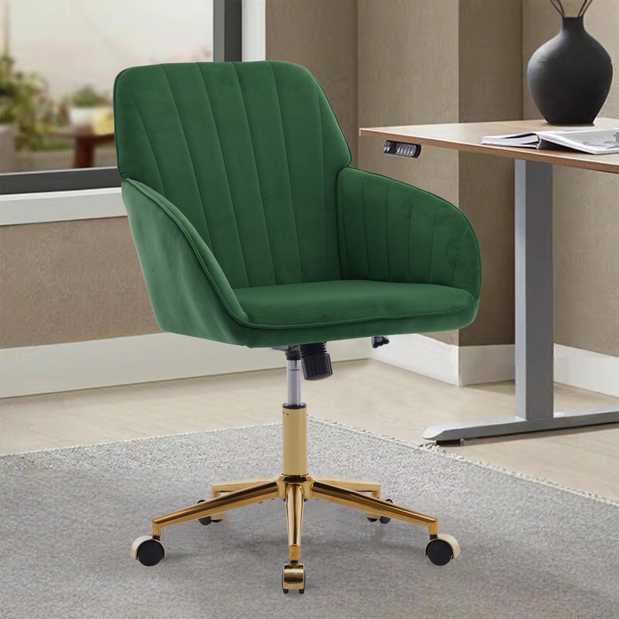 TY Ergonomic Office Chair with Adjustable Backrest and Armrests, Green Velvet Upholstery, Gold-Plated Base, Comfortable for L