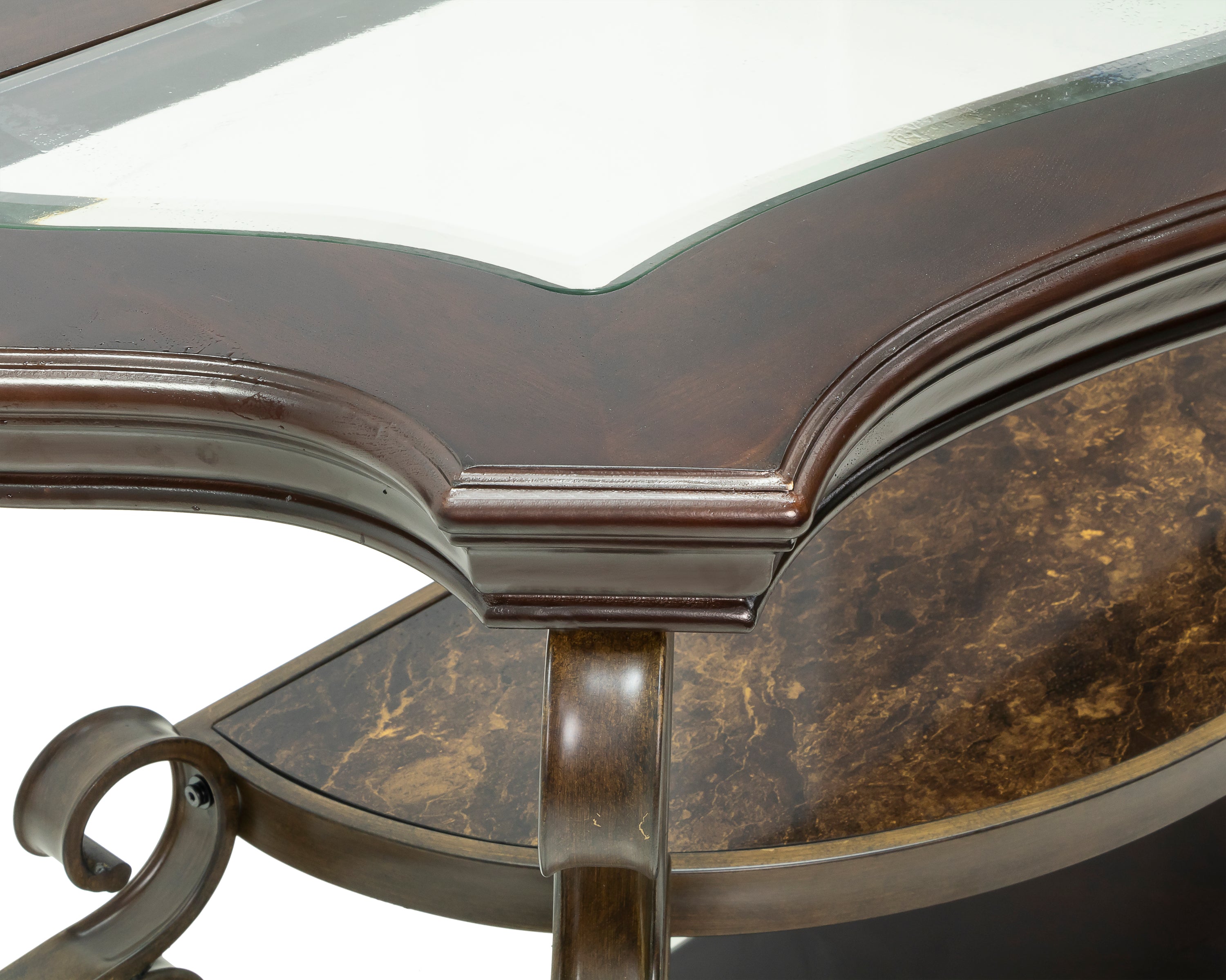 Sofa Table, Glass table top, MDF W/marble paper middle shelf, powder coat finish metal legs. (54'Lx20'Wx30'H) - Grand Goldman Shop