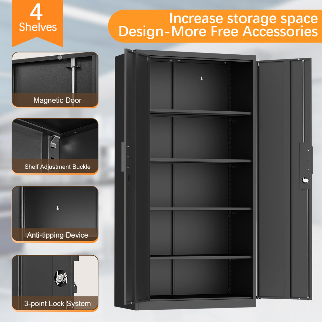 70-Inch Black 2-Door File Cabinet with Lock, 4 Adjustable Shelves, Heavy-Duty Steel Construction for Commercial and Home Offi