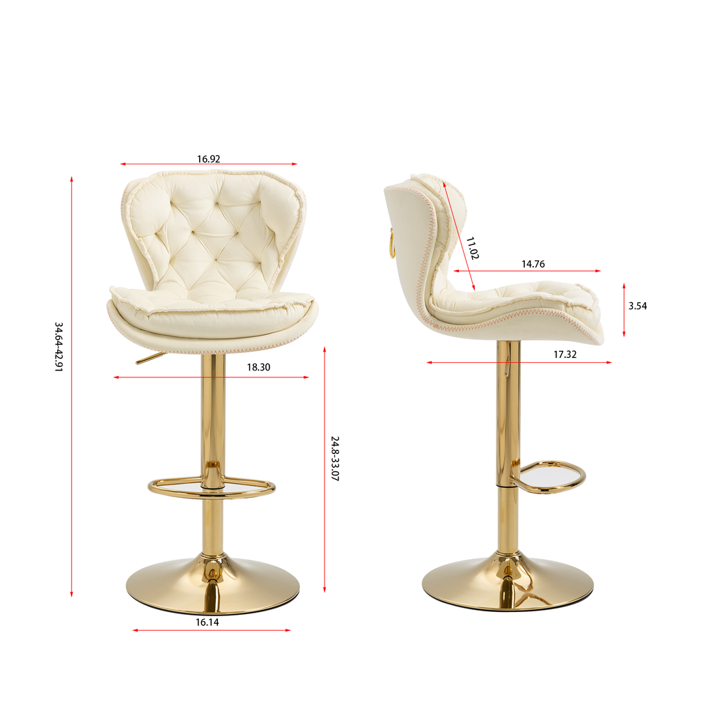 Set of 2  Bar Stools,with Chrome Footrest and Base Swivel Height Adjustable Mechanical Lifting Velvet + Golden Leg Simple Bar Stool-cream - Grand Goldman Shop