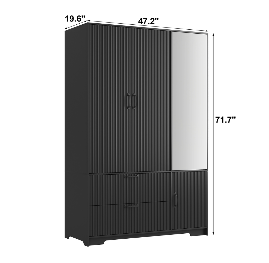 4 Doors Wardrobe Closet with Mirror, LED Wardrobe with Doors and 2 Drawers, Wooden Wardrobe Storage Cabinet with Hanging Rod, Adjustable Shelves, Black - Grand Goldman Shop
