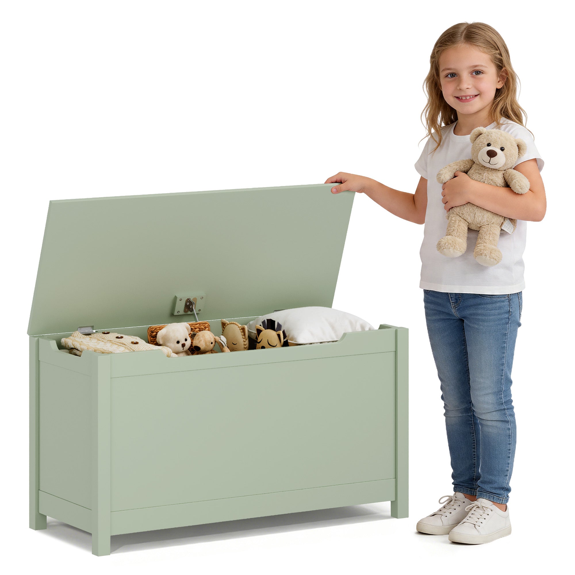 Kids Wooden Toy Box Storage with Safety Hinged Lid for Ages 2+ (Sage) - Grand Goldman