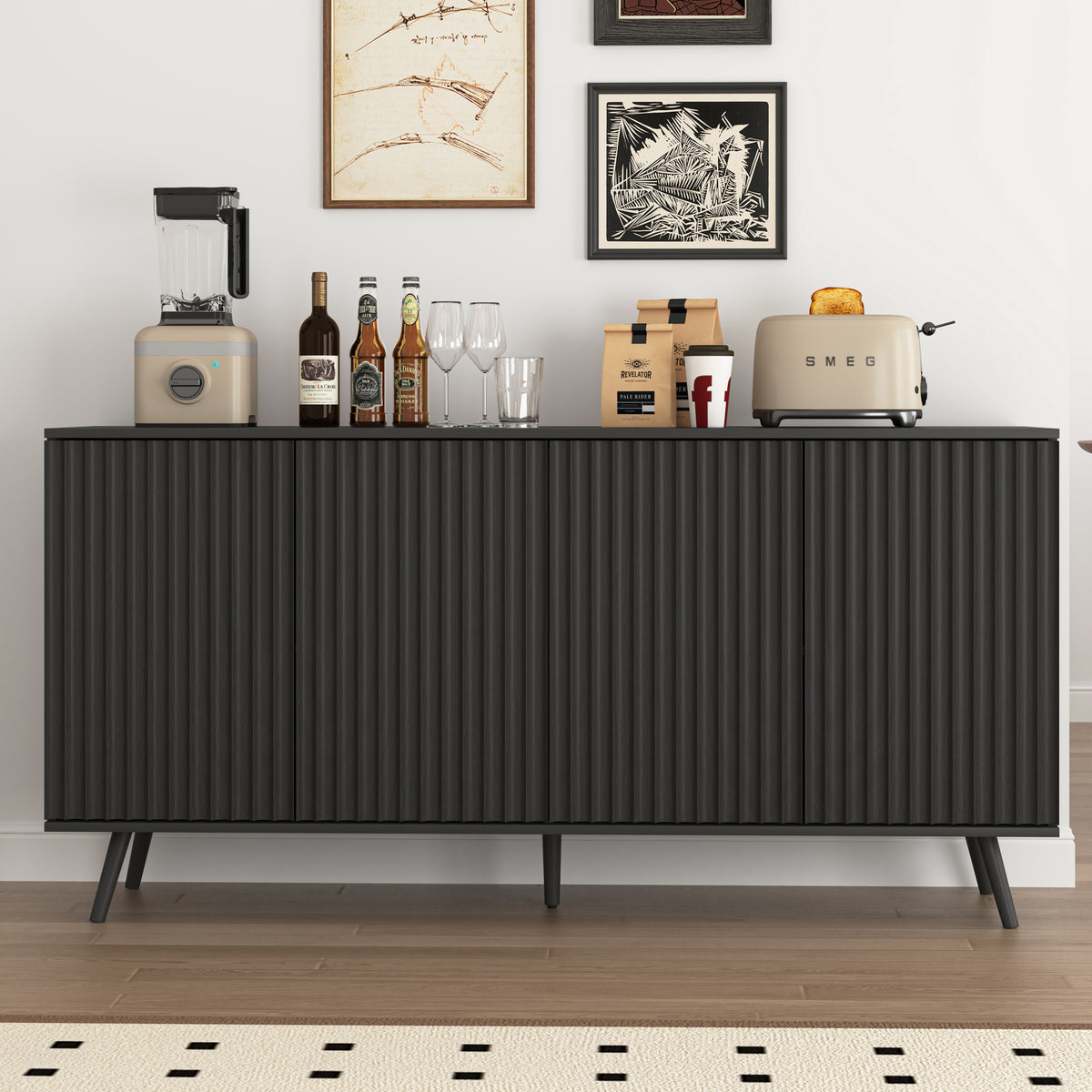 Sideboard Buffet Cabinet with Storage, Long Sideboard Storage Cabinet with 4 Doors, Wood Credenza Console Coffee Bar Cabinets with Adjustable Shelves for Living Room Kitchen Dining Room Black - Grand Goldman Shop