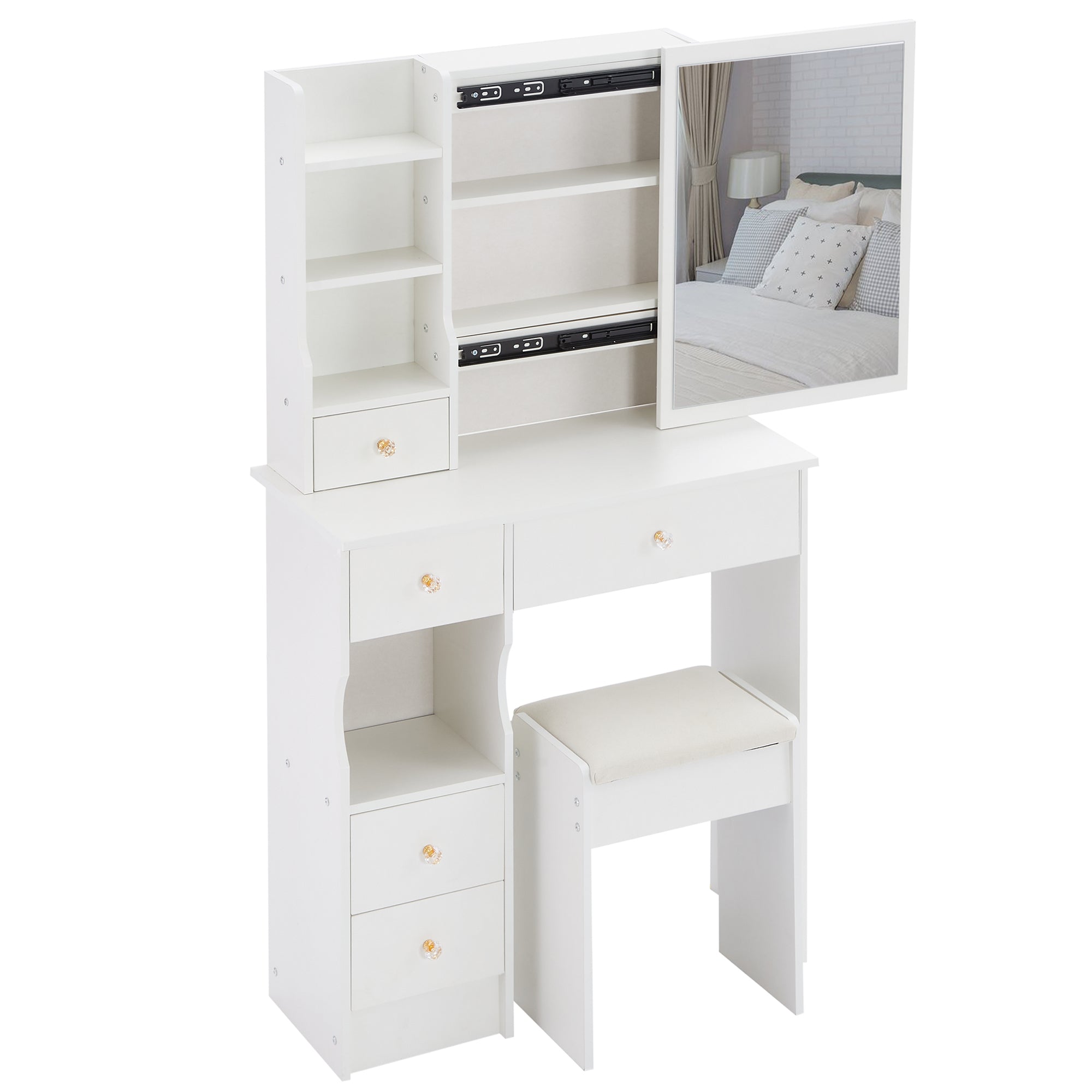 29.2' Small Space Left Drawer Desktop Vanity Table + Cushioned Stool, Extra Large Right sliding mirror, Multi Layer High Capacity Storage, Practical Fashionable Dresser, Suitable For Small Space - Grand Goldman Shop