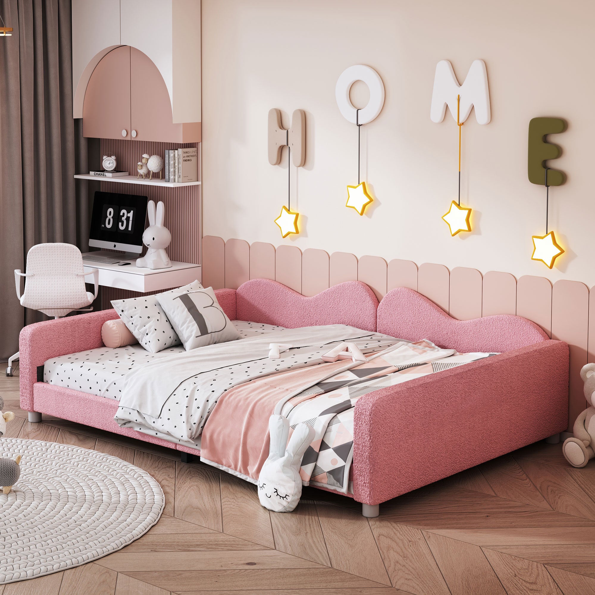 Full size Upholstered Daybed, Sherpa Fabric Sofabed with Cloud-Shaped Backrest, No Box-spring Needed, Pink(Old SKU: WF532069AAH) - Grand Goldman Shop